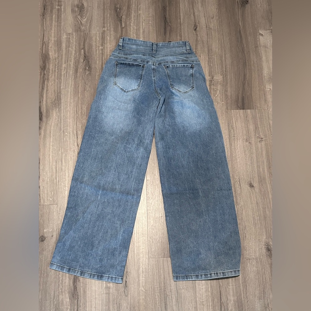❥𝖥𝖠𝖲𝖧𝖨𝖮𝖭𝗡𝗢𝗩𝗔: Dark Paradise Denim Corset Waist Wide Leg Jeans - Medium Wash - Picture 4 of 7